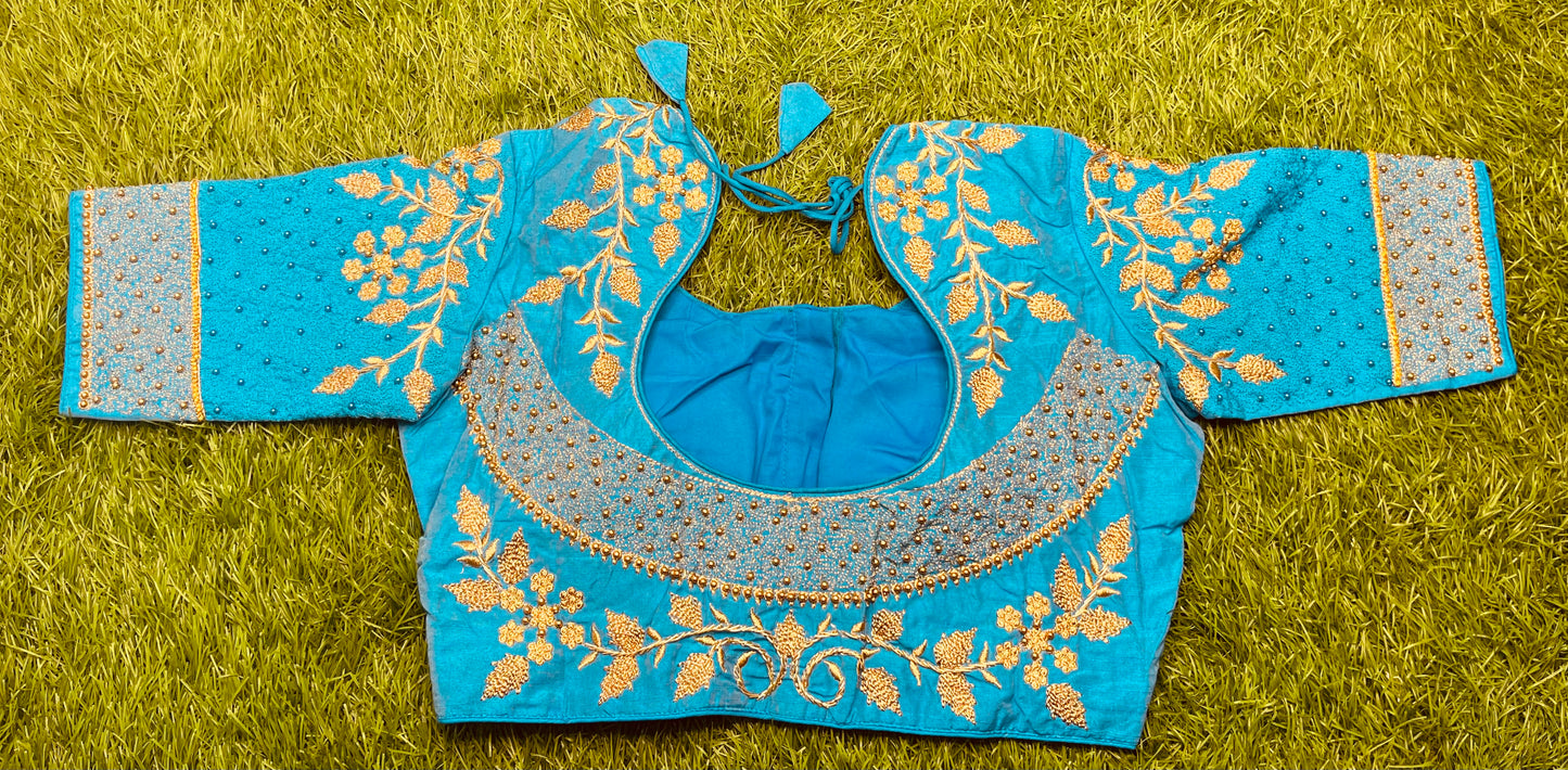 Sky blue 🧵 thread work golden work blouse