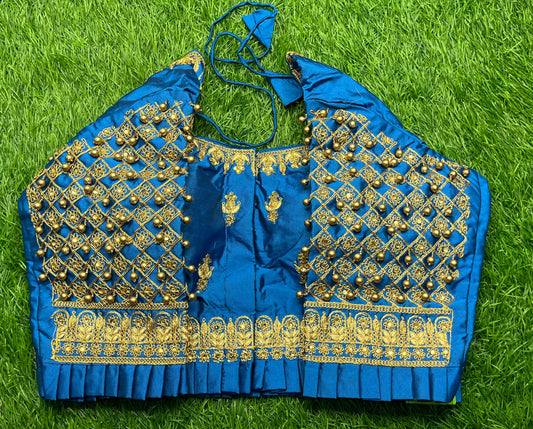 Fairoza blue with small golden hanging balls hands and waist with frills design