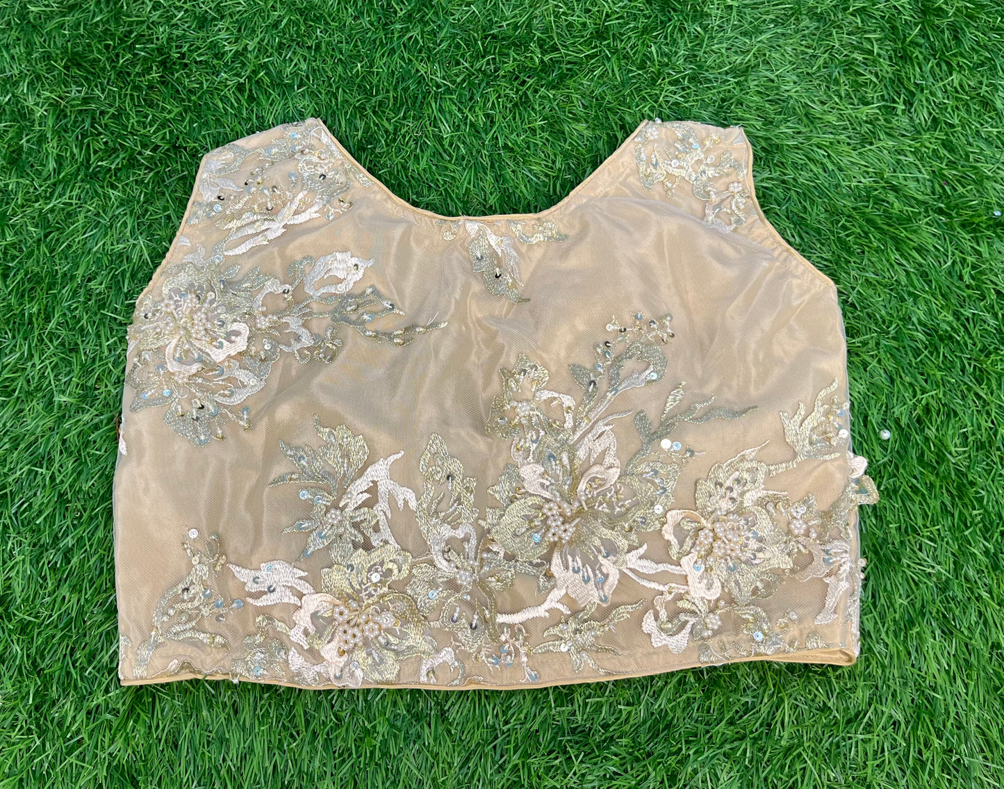 Fancy embroidery Moti net work light gold