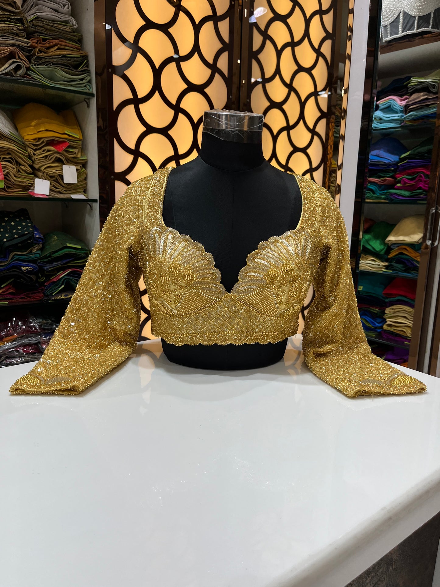 Antique Gold Sculpted Shell Blouse with Bell Sleeves