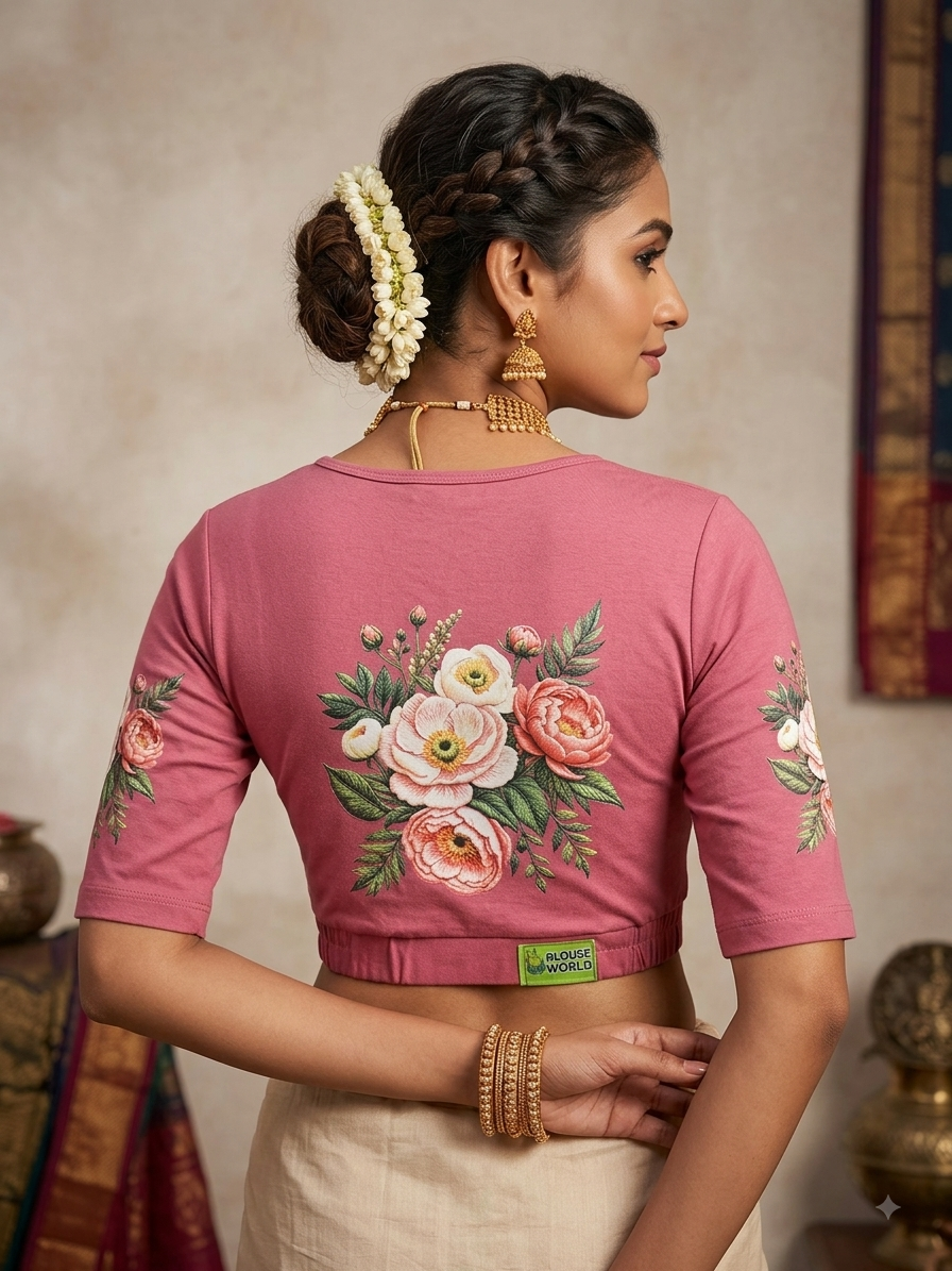 Peach colour flowers 💐 design Strectable blouse