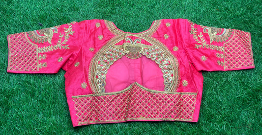 Peach 🍑 pink with peacock 🦚 net back design blouse 👚