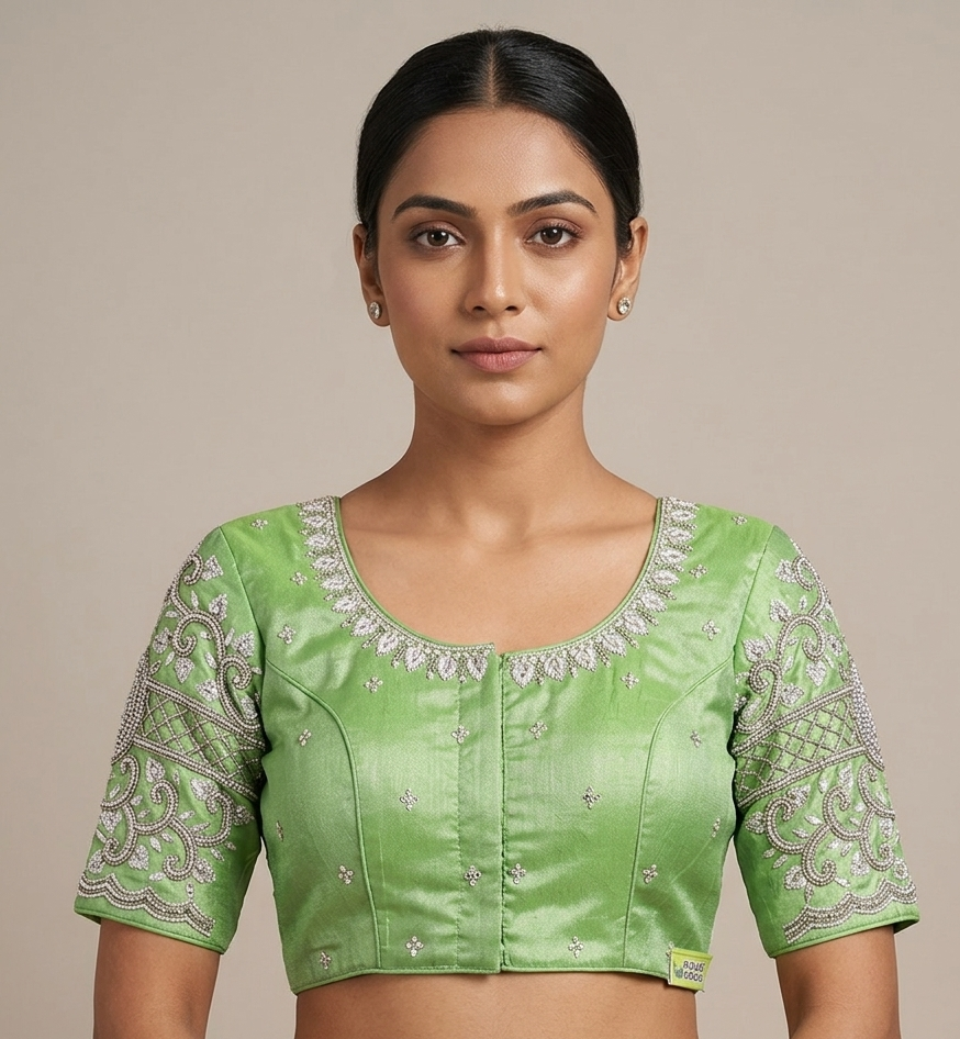 Parrot green silver maggam work blouse