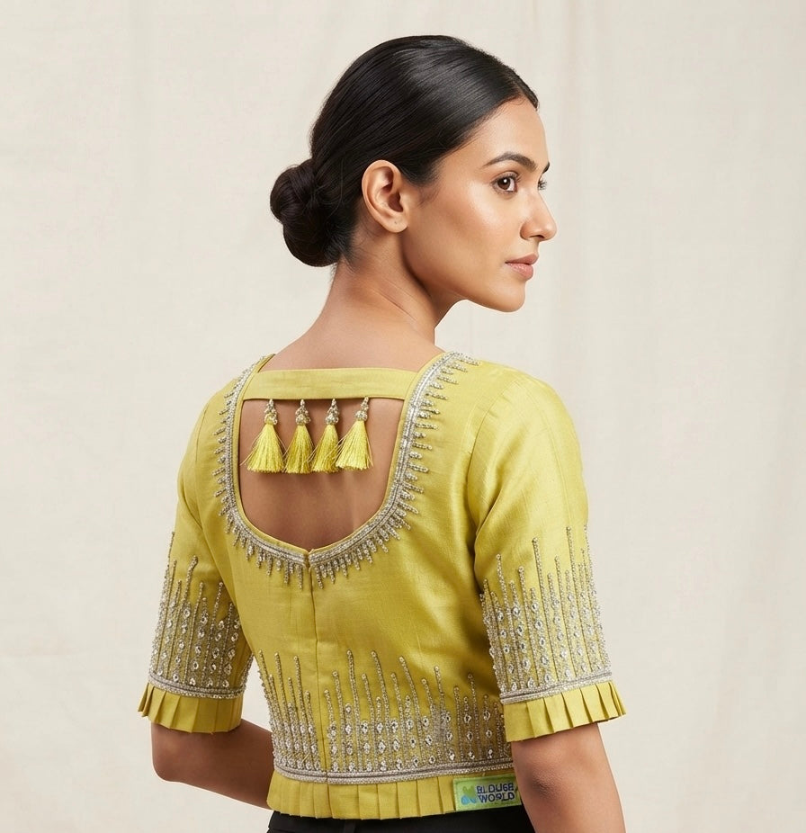 Yellow Silver maggam hands work Blouse 👚