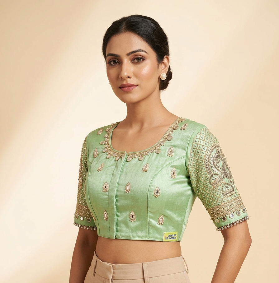 Parrot green silver maggam work blouse