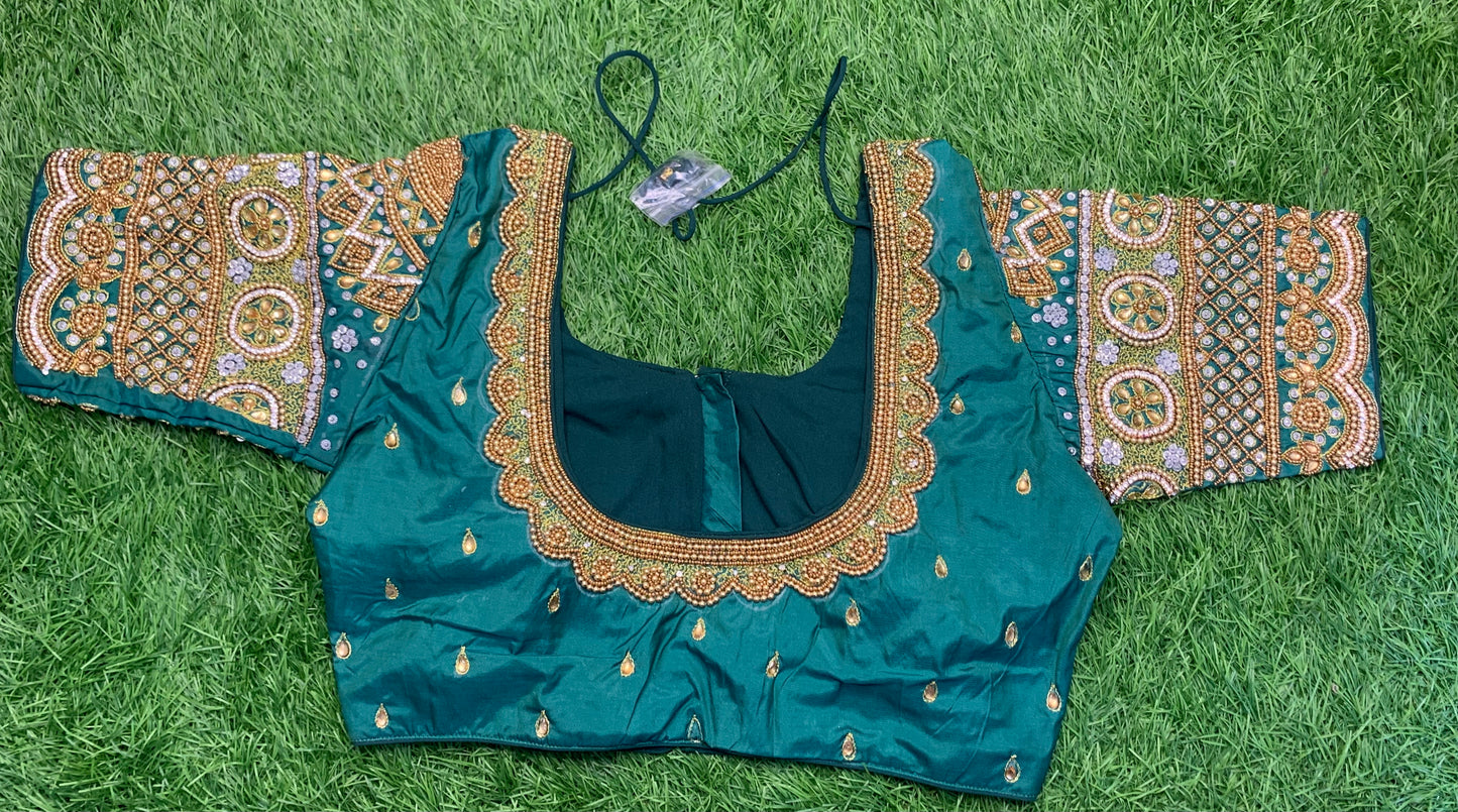 Rama leafy 🥬 green colour heavy maggam work blouse.