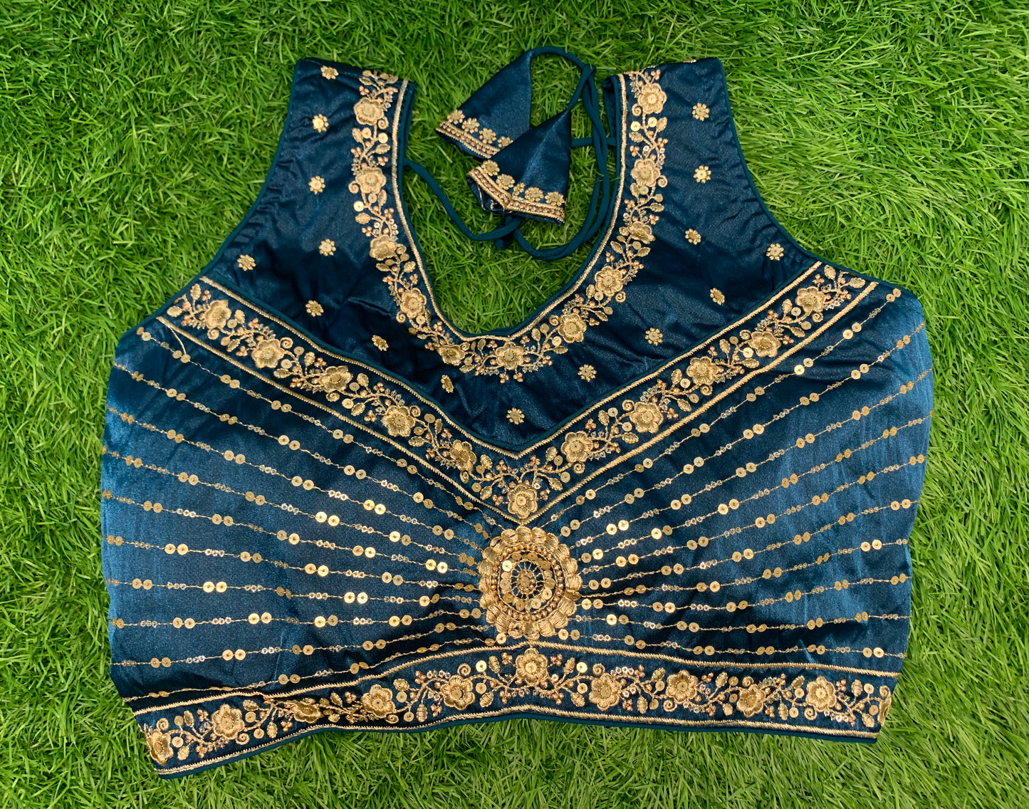 Blue fancy v neck blouse with hands