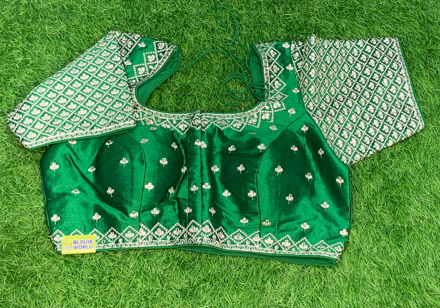 Leaf green embroidery pure raw silk with silver work leaf work