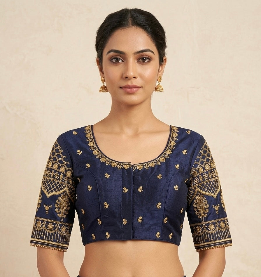Navy blue Maggam gold work Blouse 👚