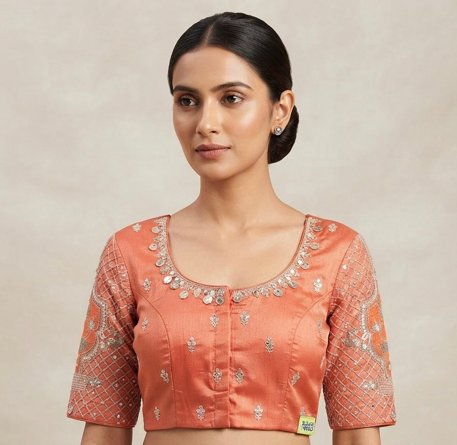 Orange Maggam hands work Blouse 👚
