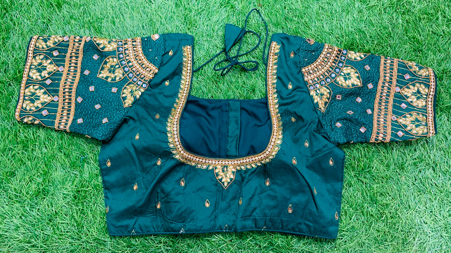 Bottle green colour heavy hand work traditional blouse