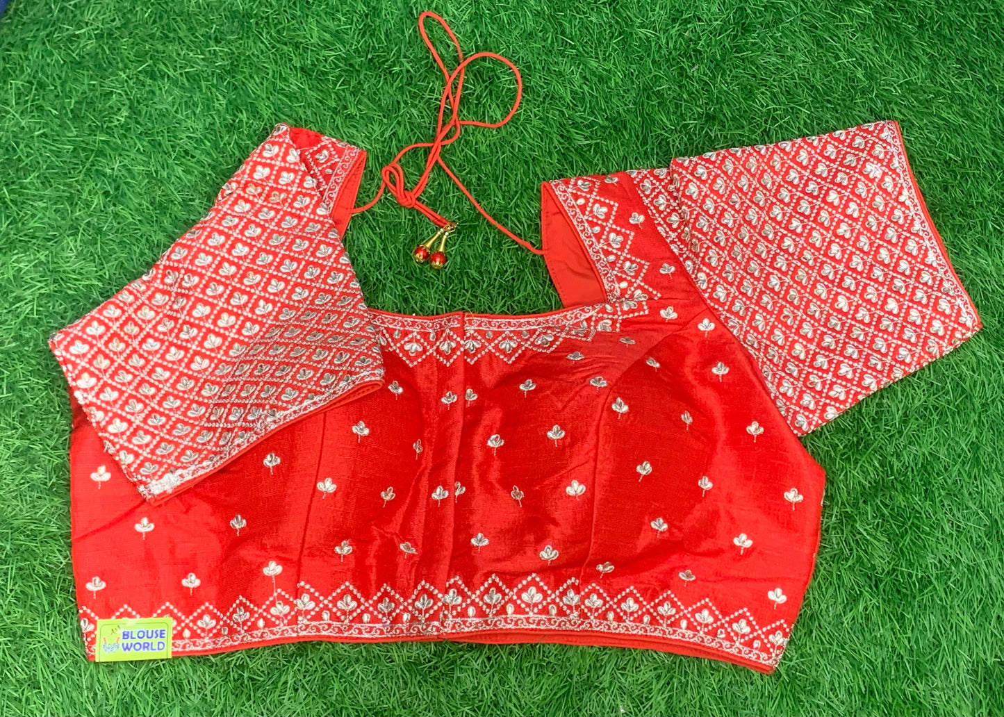 Red silver work pure silk