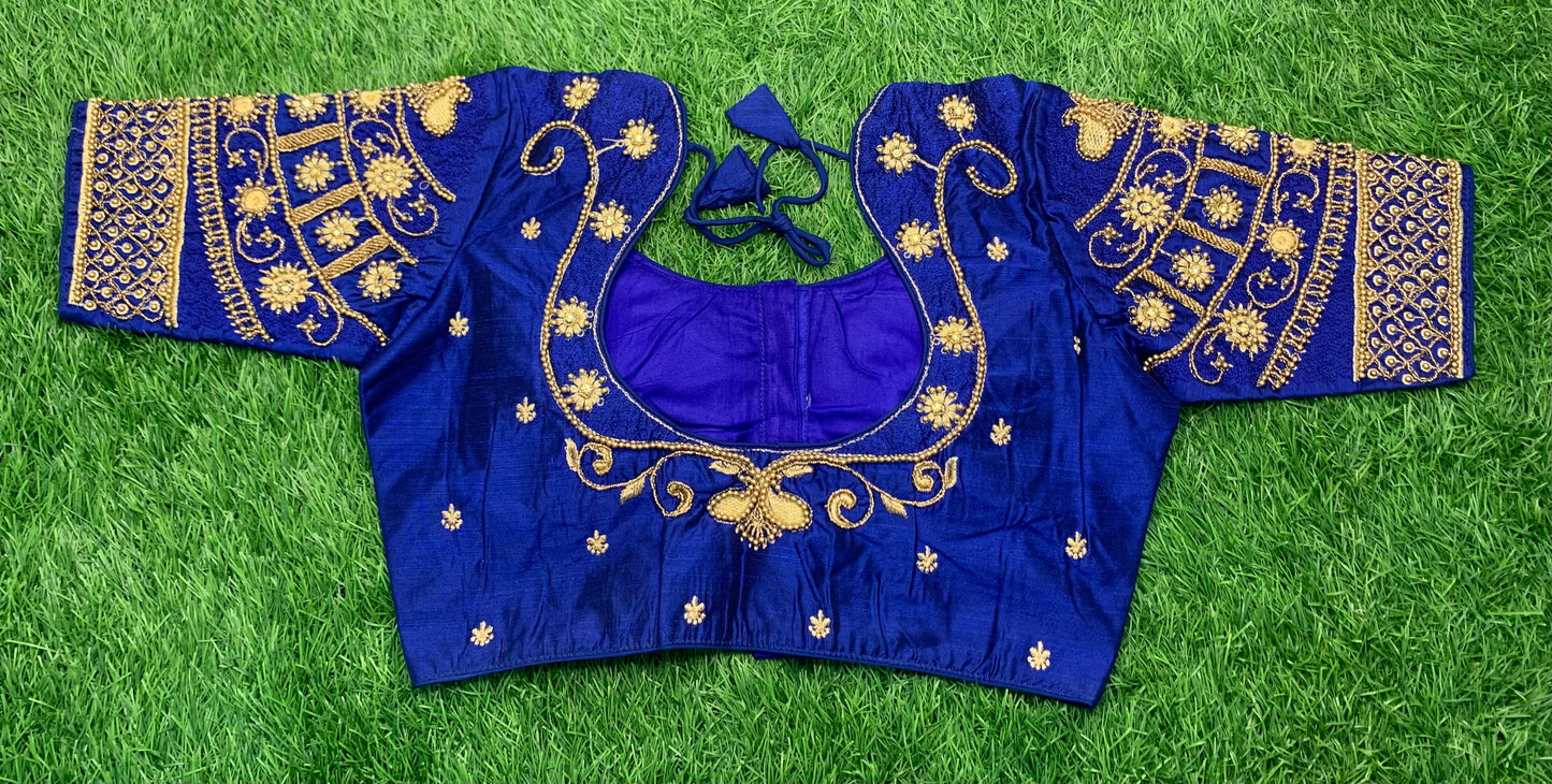 Royal blue back u neck heavy maggam work blouse