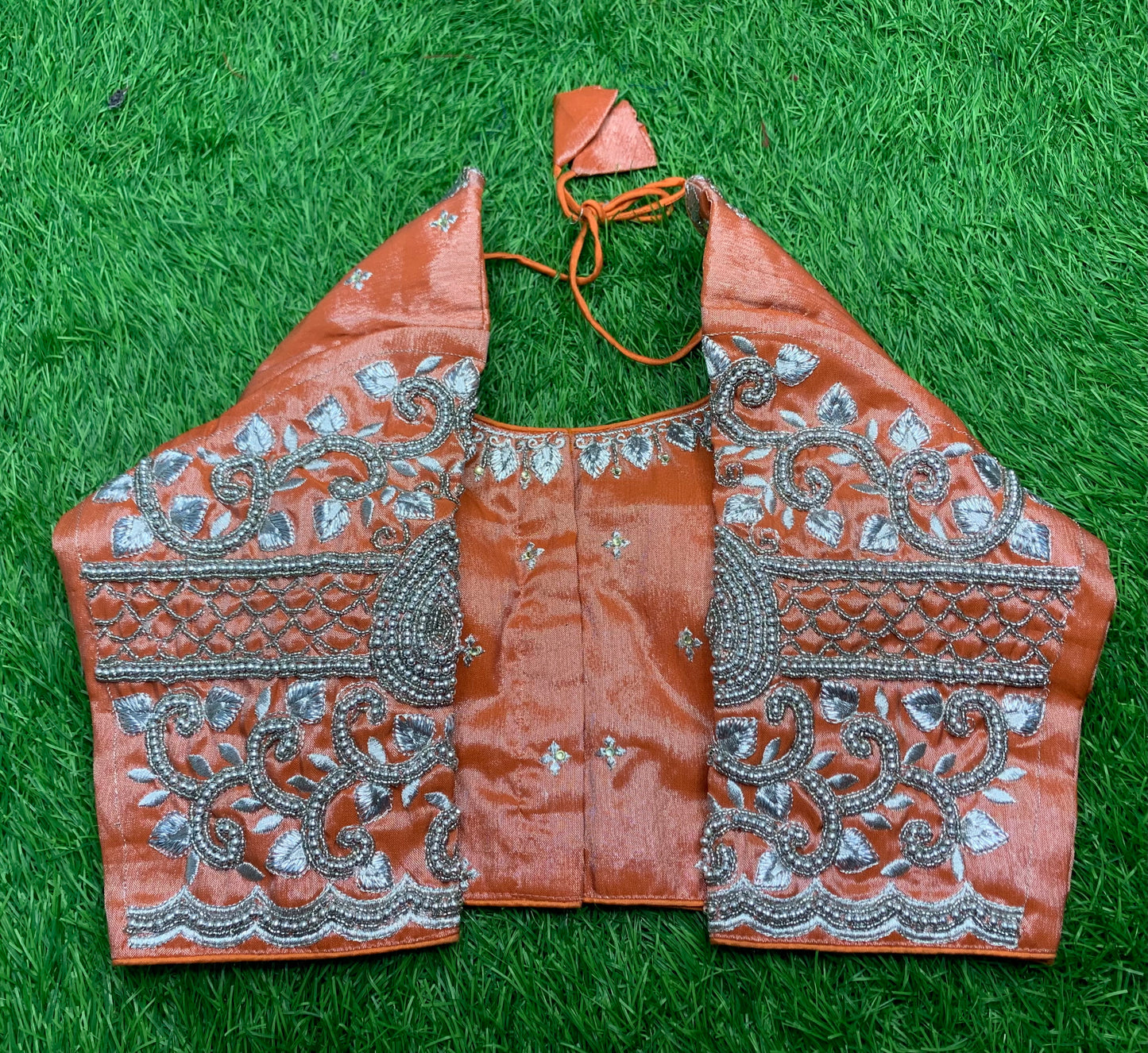 Orange silver tissue heavy hand work blouse