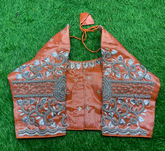 Orange silver tissue heavy hand work blouse