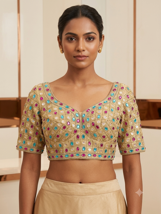 Light gold stone work with sleeve Blouse 👚