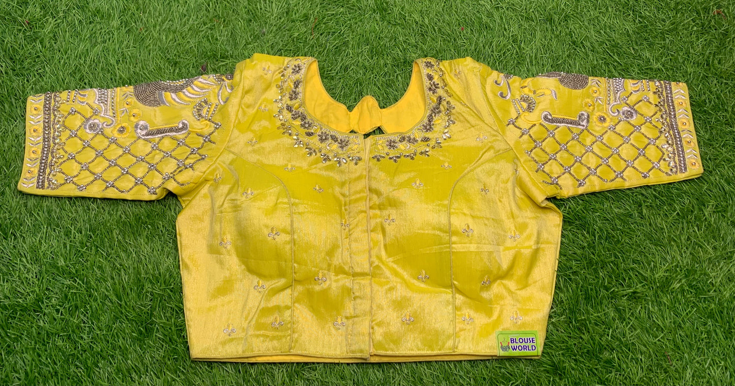 Peacock 🦚 designer back round design blouse 👚 yellow colour