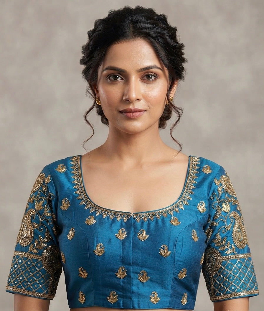 Dark sky blue maggam work blouse