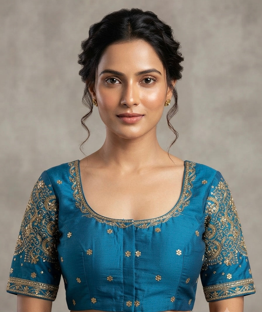Dark sky blue maggam work blouse