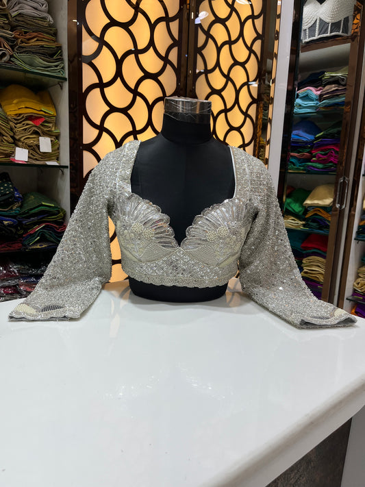 Ice Silver Hand-Beaded Shell-Cut Couture Blouse 👚