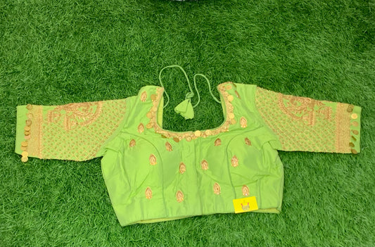 Pista green colour maggam work with coin design