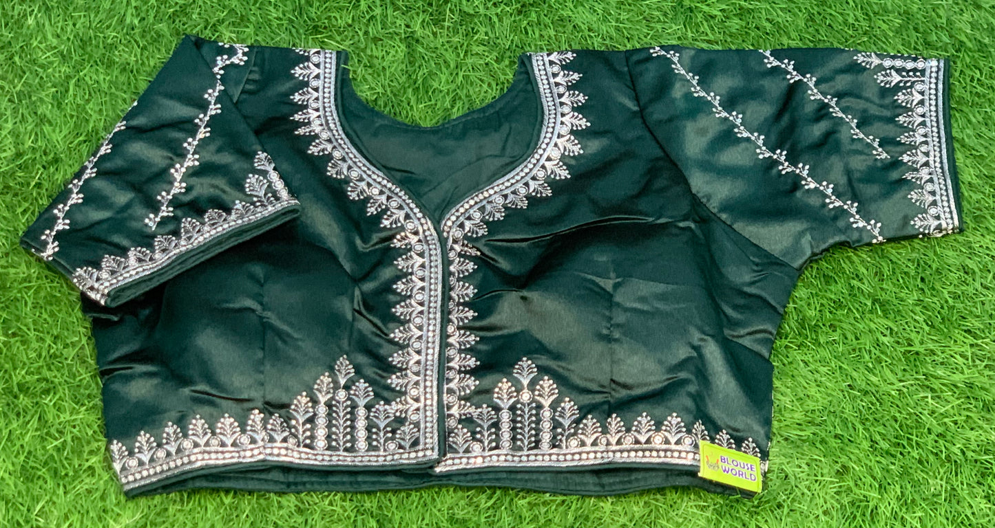 Bottle green peacock silver work blouse