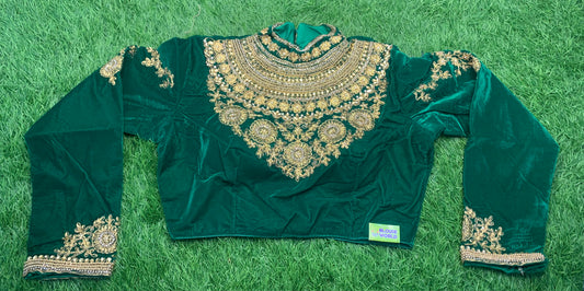 Bottle green velvet maharani neck heavy designer blouse 👚
