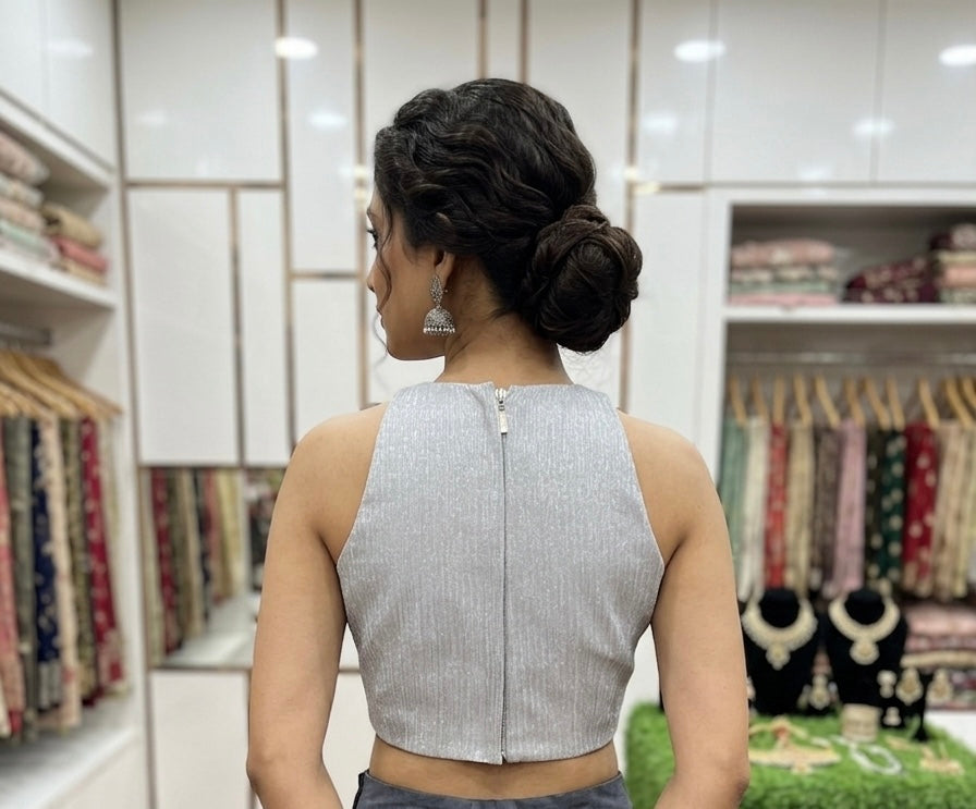 Silver high neck back zip sleeveless Blouse 👚