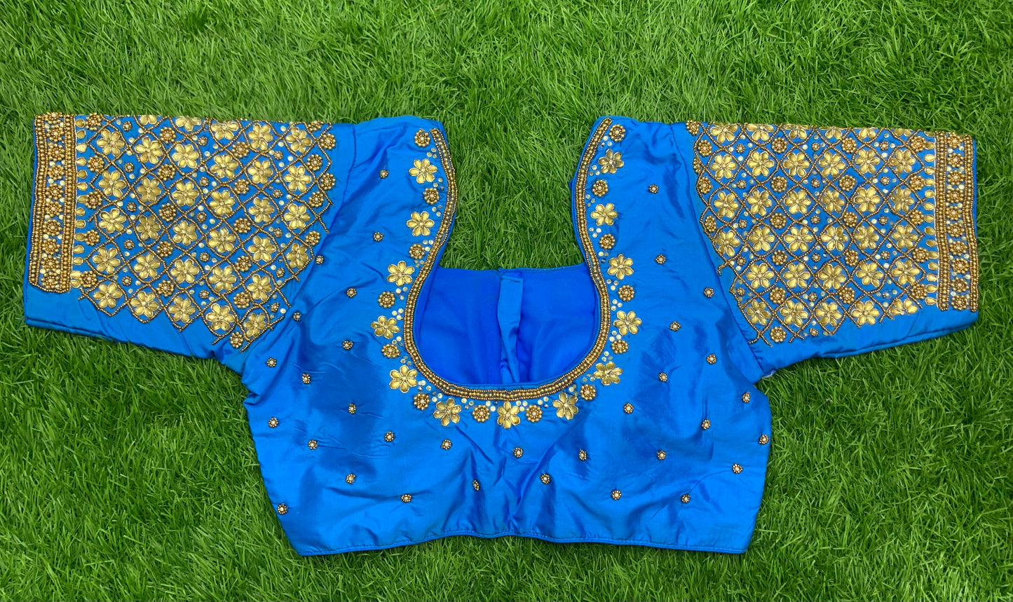 Sky blue flower 🌼 design back u neck model blouse hand work