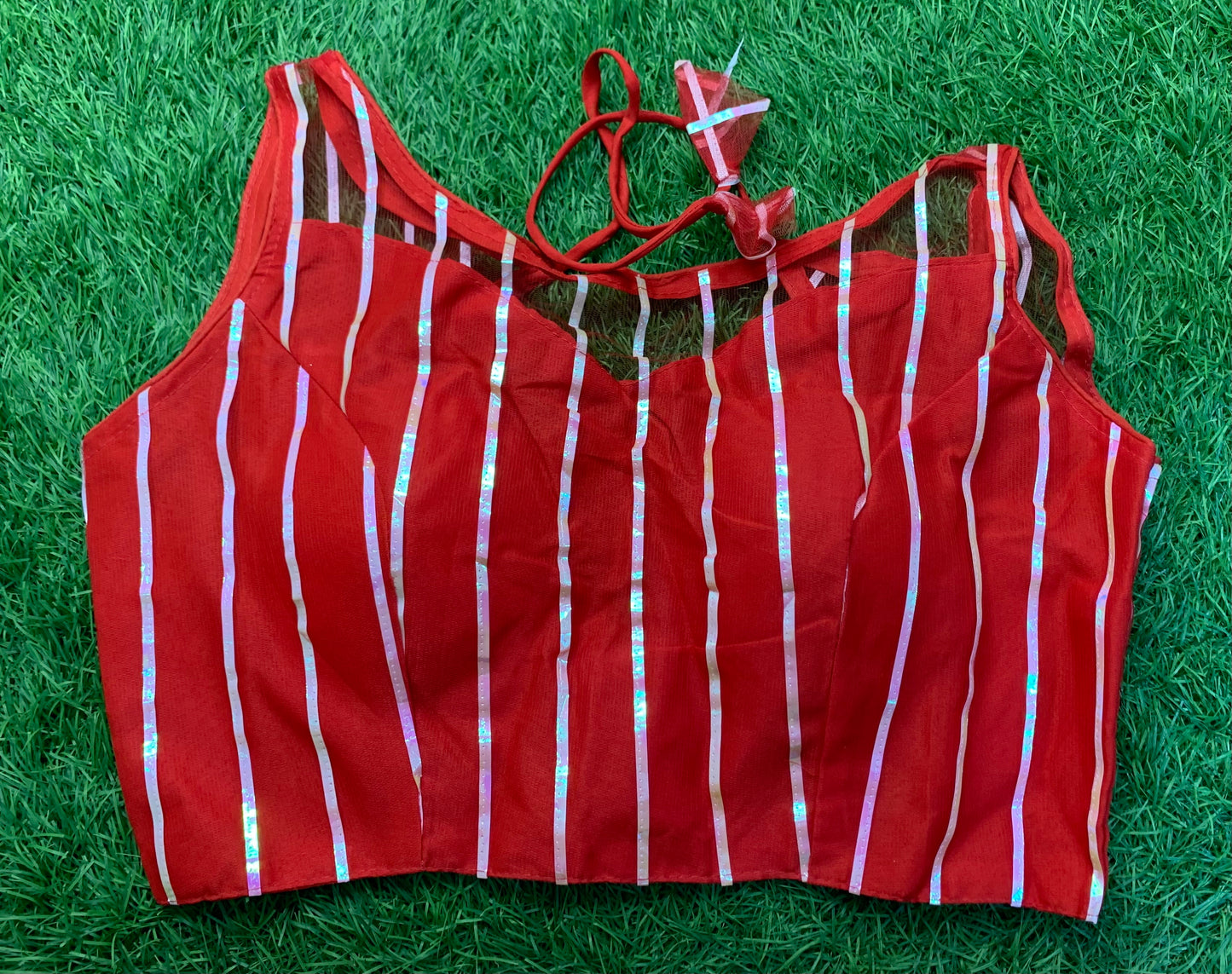 Red with hands multicolour straps blouse 👚