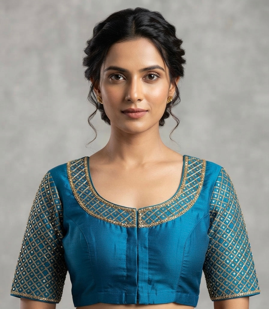 Dark sky blue maggam work blouse