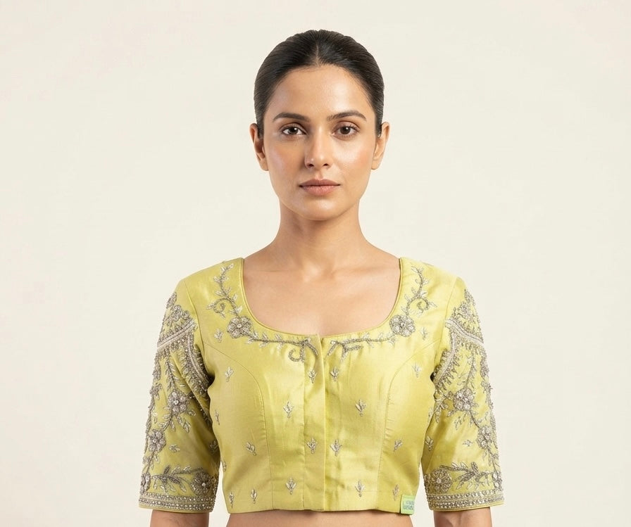 Yellow Silver maggam hands work Blouse 👚