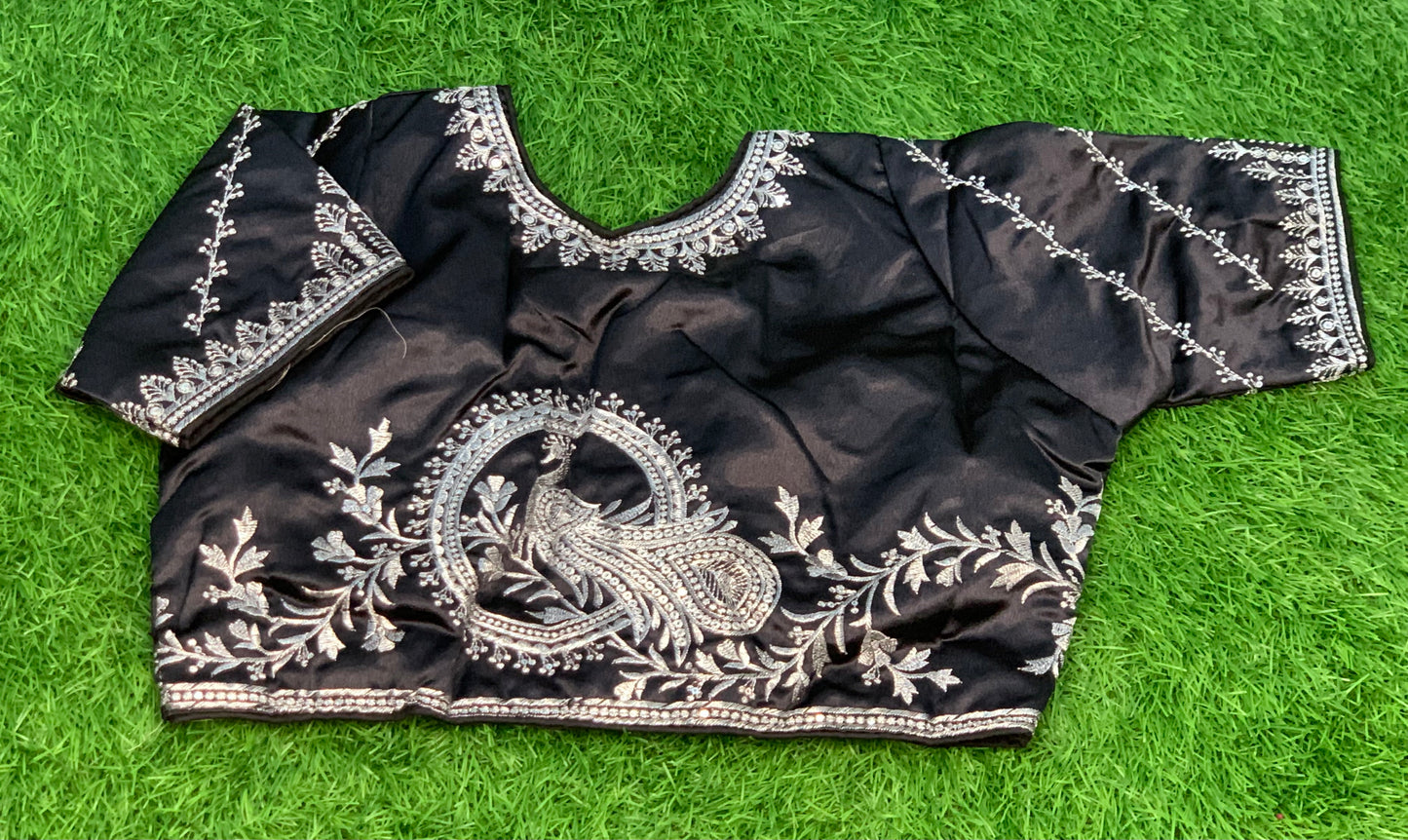 Black colour silver work back high neck blouse