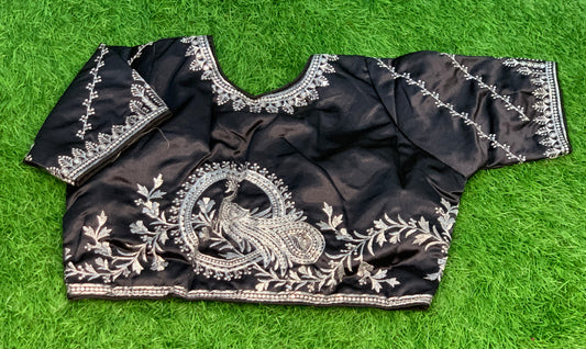 Black colour silver work back high neck blouse