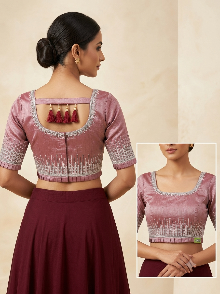 Marroon tissue silver maggam work blouse
