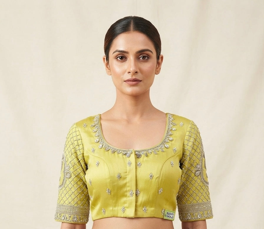 Yellow Silver maggam hands work Blouse 👚