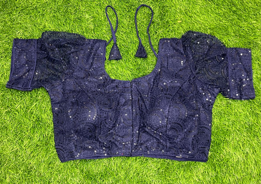 Puff hands navy blue chikan work