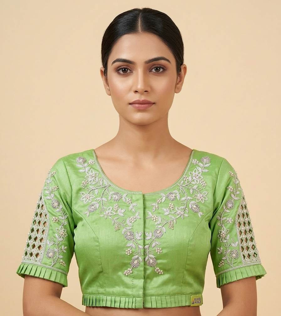 Parrot green silver maggam work blouse