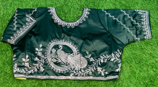 Bottle green peacock silver work blouse