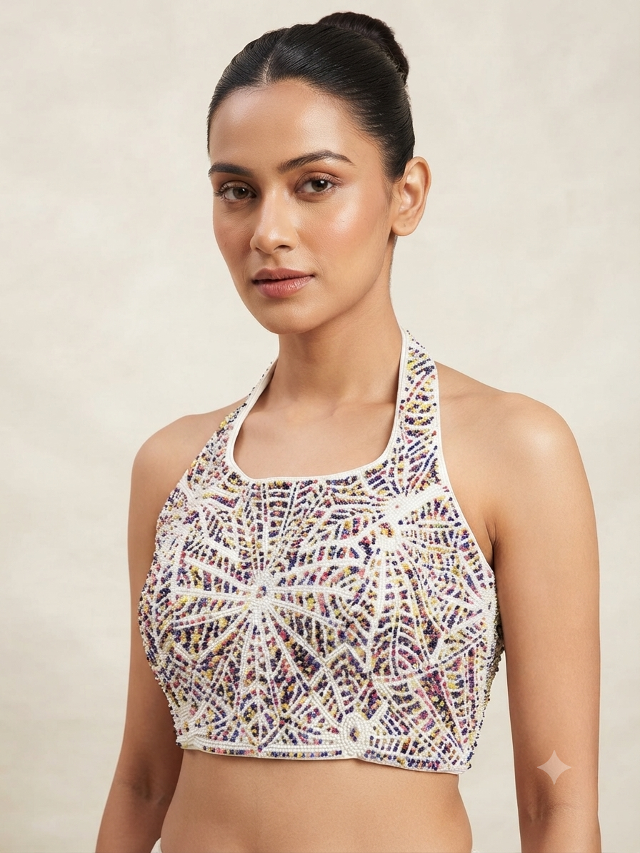Multicolour Pearl blouse halter neck pattern