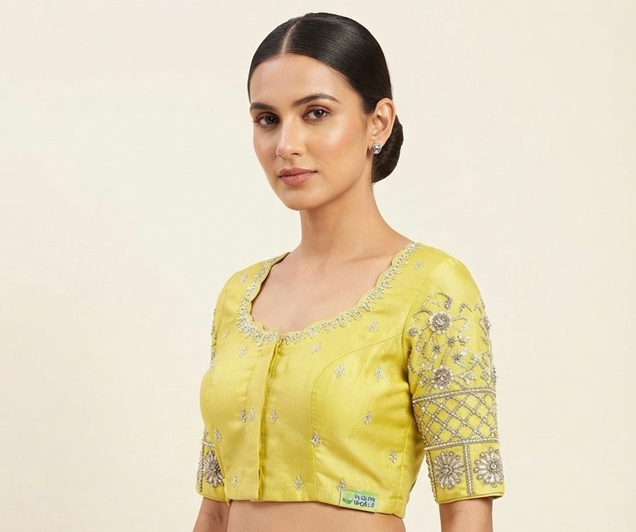 Yellow Silver maggam hands work Blouse 👚