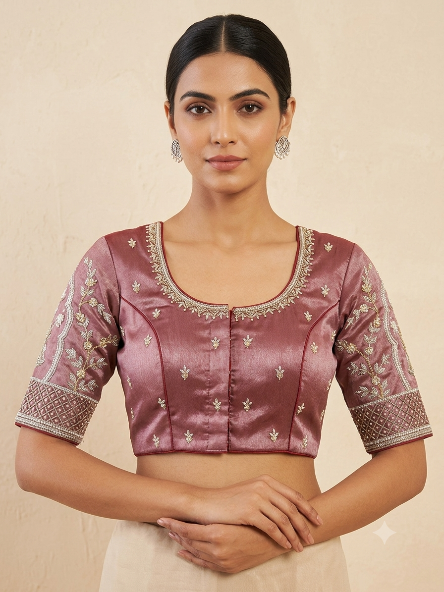Marroon tissue silver maggam work blouse