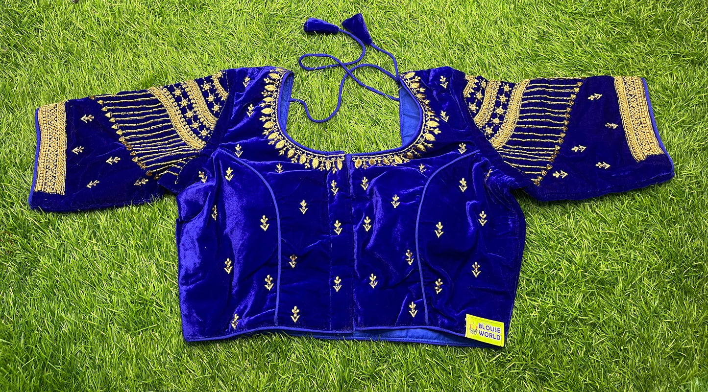 Royal blue velvet golden work heavy blouse