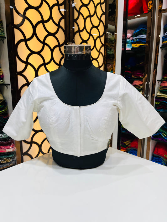 Pristine White Deep U-Neck Blouse – Elbow Length Sleeves