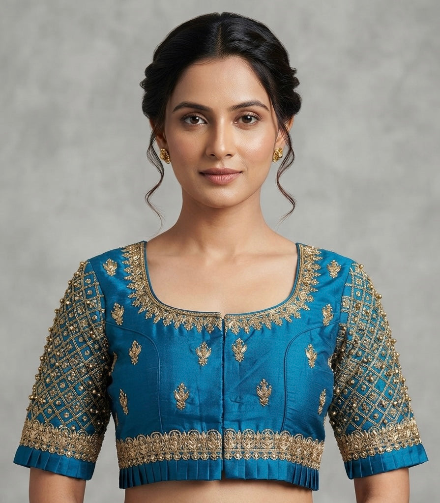 Dark sky blue maggam work blouse