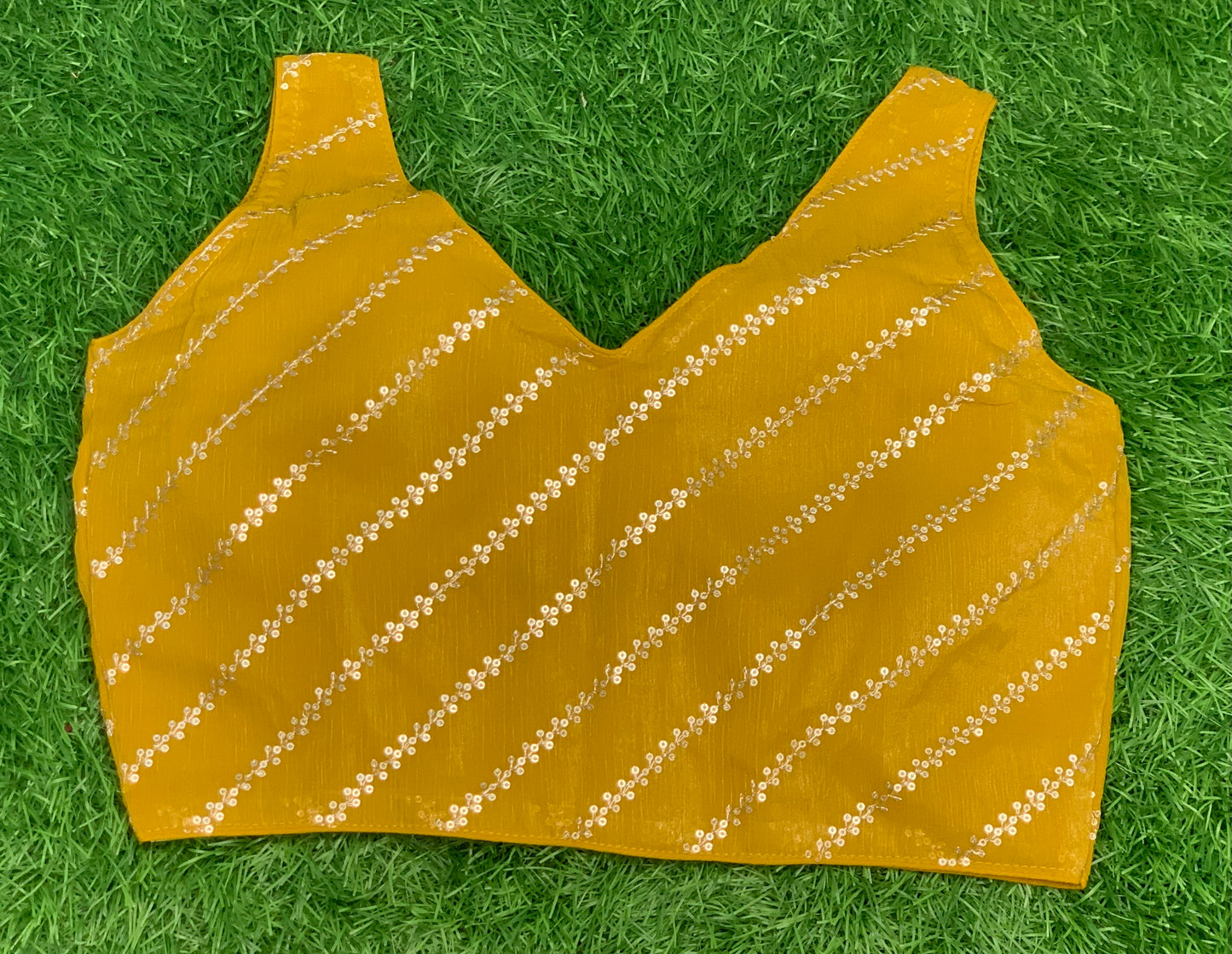 Front v back high neck mustard yellow blouse with hands
