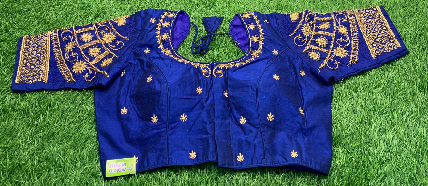 Royal blue back u neck heavy maggam work blouse