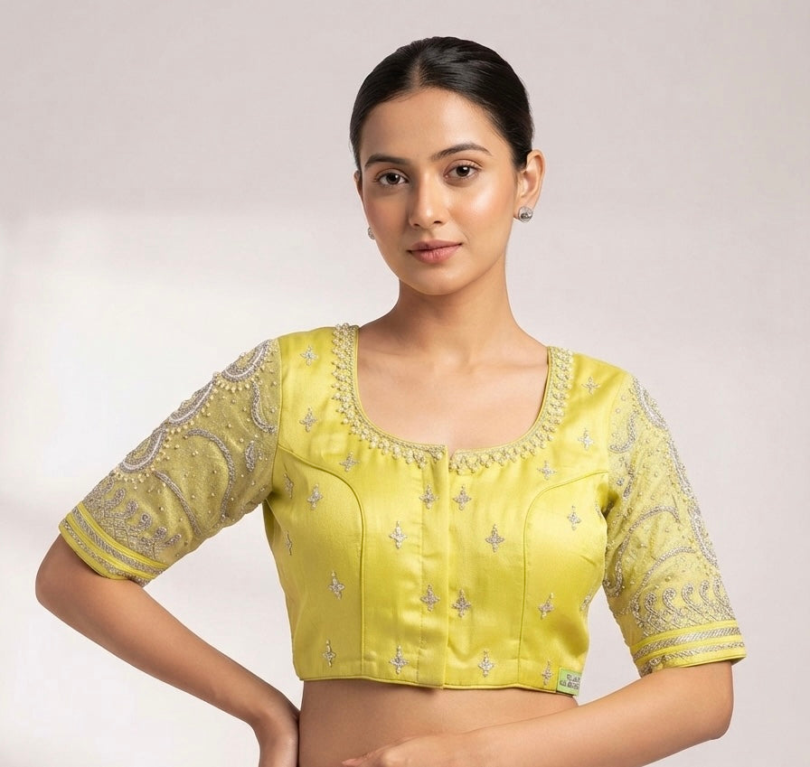 Yellow Silver maggam hands work Blouse 👚