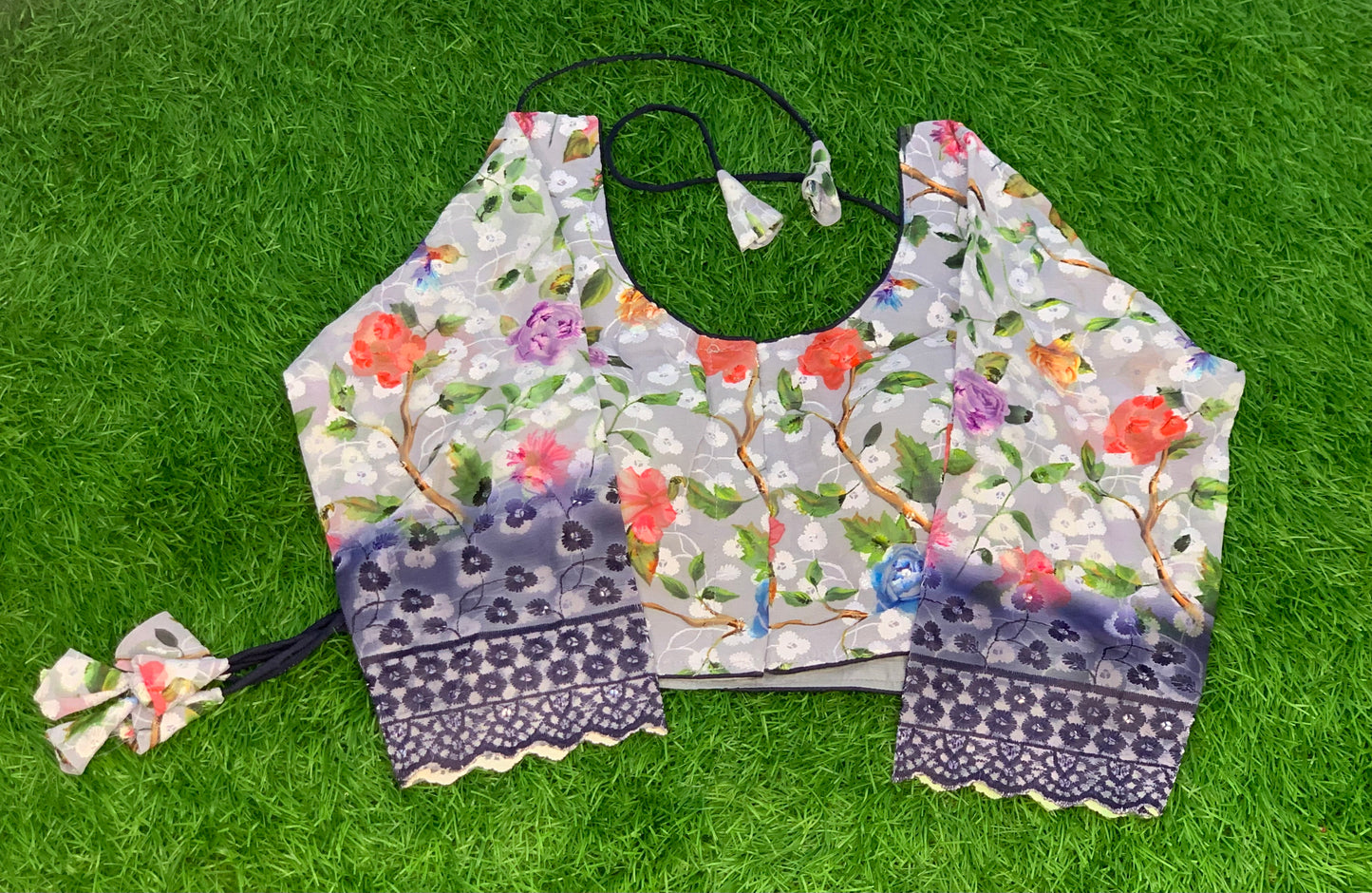 Ice colour with navy blue hands cuts flower print