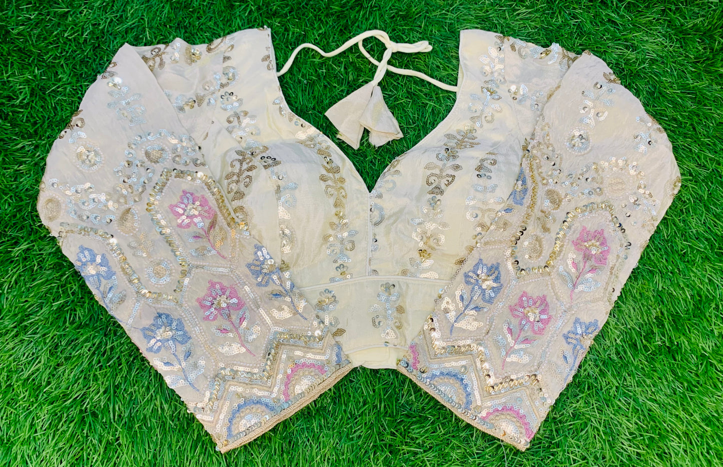 Off white golden zari with pestal beads designer blouse